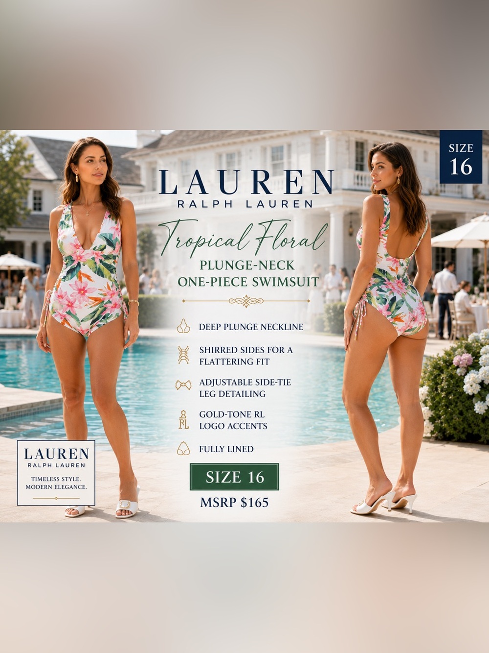 NWT Lauren Ralph Lauren Tropical Floral Plunge One Piece Swimsuit Sz 16 $165